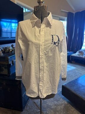 Dior White Button-Down Shirt with Embroidered D Logo